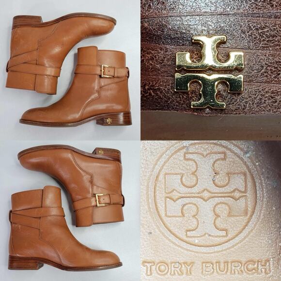 Tory Burch Brooke Boots Calf Leather Ankle Size 7 Brown Tan Gold - Picture 1 of 16